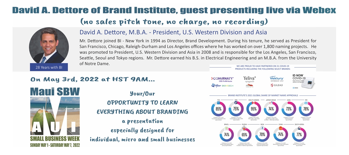 Event flyer: NAME YOUR BUSINESS THOUGHTFULLY: HOW NAMES EVENTUALLY TURN INTO BRANDS at the 2022 National Mom-and-Pop Business Owners Day in Maui County